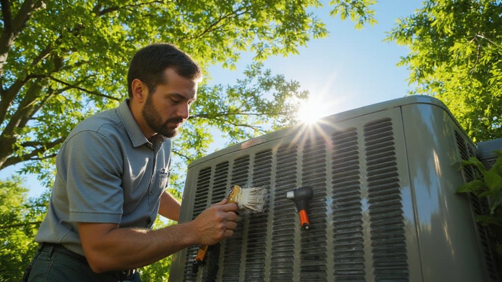 Technician cleaning an outdoor air conditioner unit to improve cooling efficiency in a Duncan home