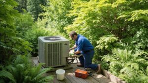 Air conditioner maintenance being performed before summer at a home on Vancouver Island