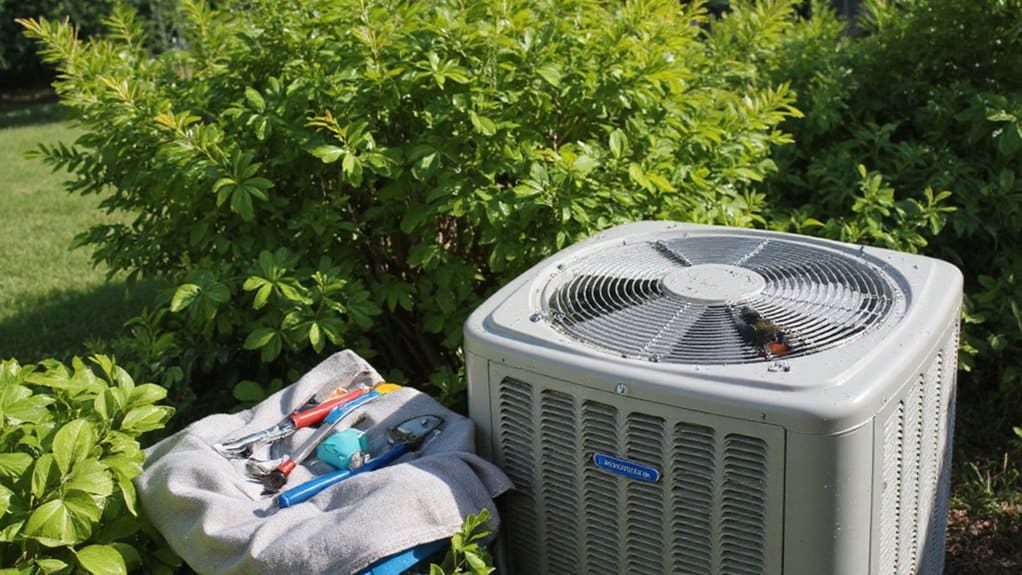 Outdoor air conditioner unit being cleared of debris as part of pre-summer maintenance on Vancouver Island