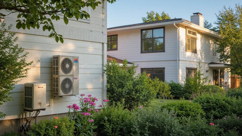 Heat pump and air conditioner systems compared outside a residential home in Duncan