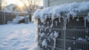 Air conditioner with ice buildup on the evaporator coil showing a frozen AC system