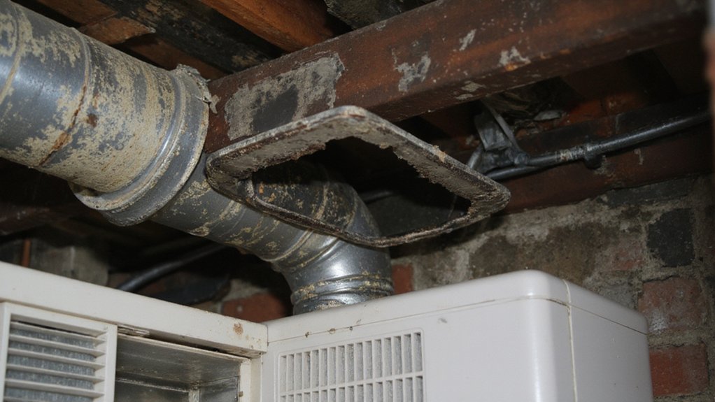 Air conditioning ductwork with dust and buildup causing odors