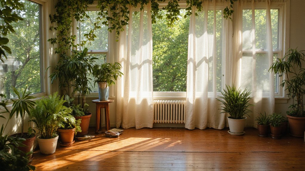 Ceiling fan and open windows creating airflow through a home