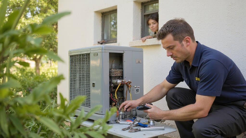 AC technician inspecting an air conditioning system during an emergency repair