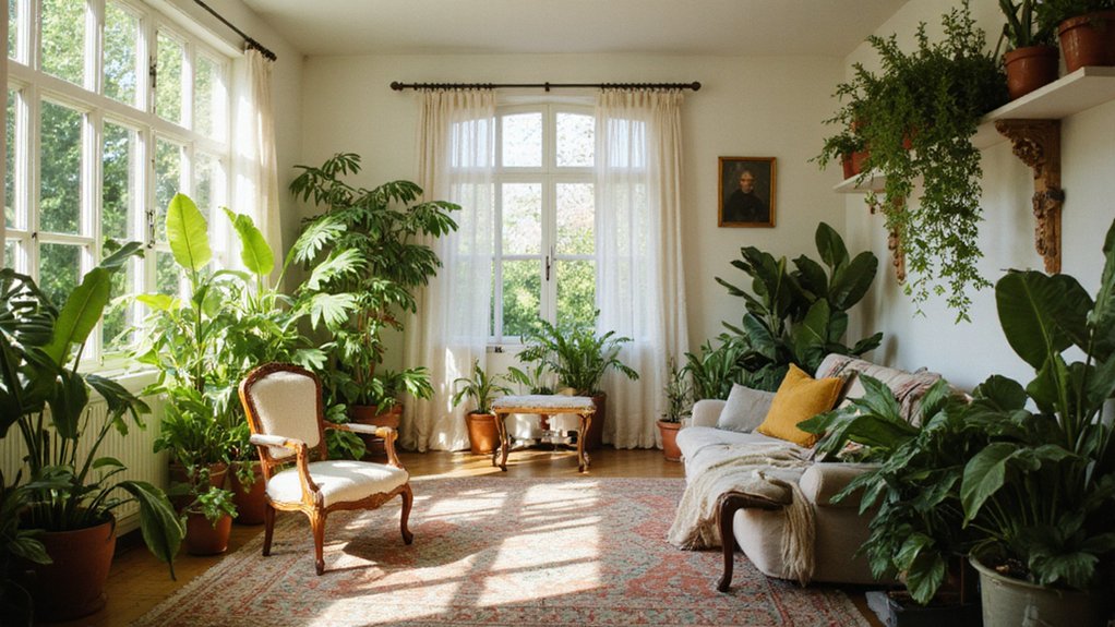 Indoor plants placed around a comfortable home interior