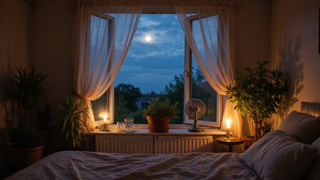 Open windows at night allowing cooler outdoor air into a home