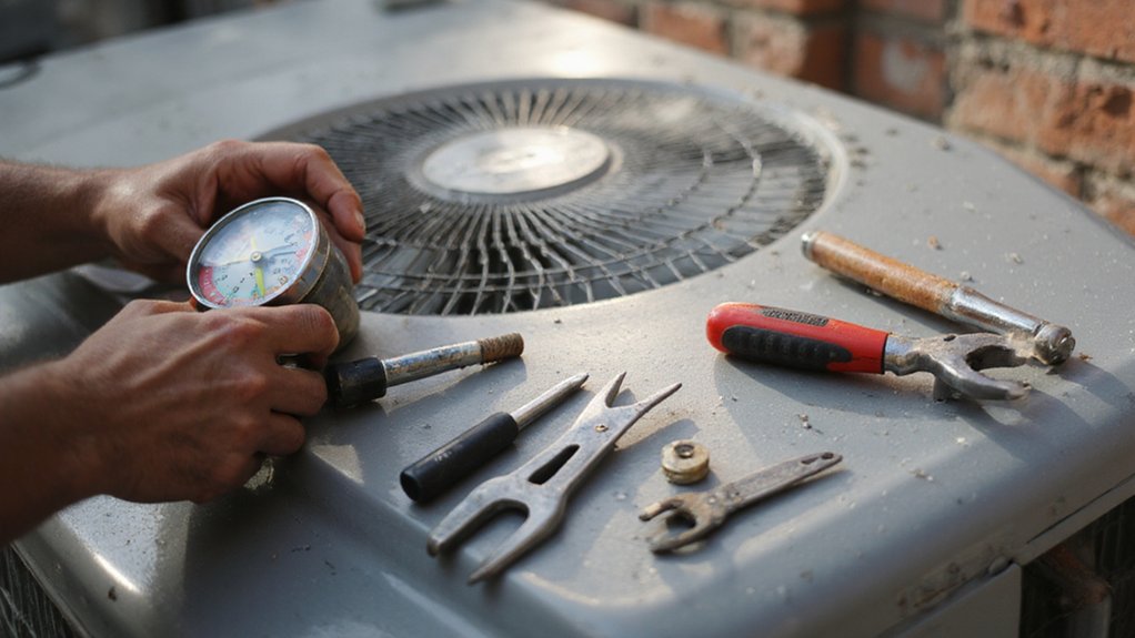 Air conditioner refrigerant being checked before a recharge