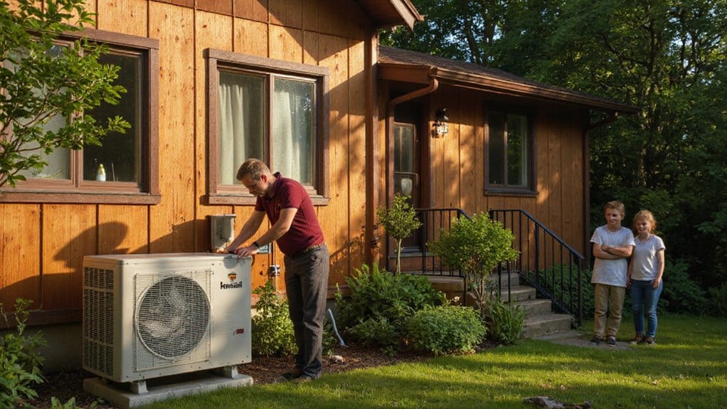 Professional installing a heat pump system at a Vancouver Island home