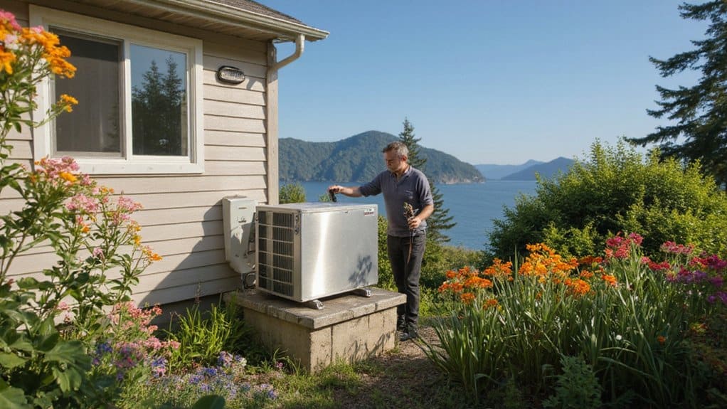 Technician performing maintenance on a residential heat pump system