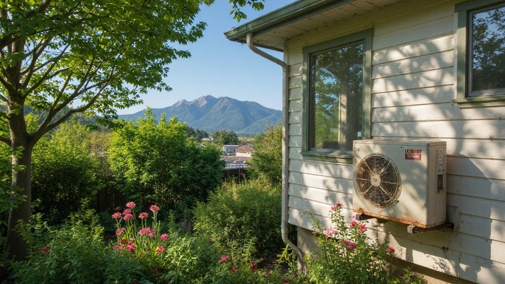 Outdoor heat pump unit showing signs of wear at a Vancouver Island home