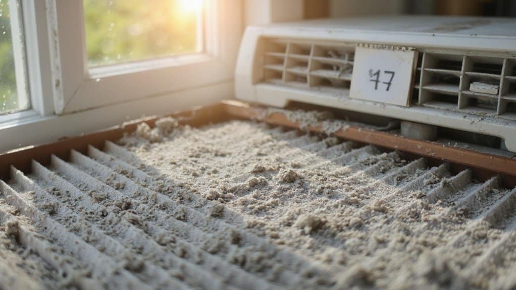 Dirty AC filter showing dust buildup and restricted airflow